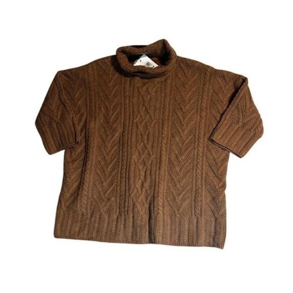 Iris & Ink Camel Brown Cable Knit Turtleneck Sweater Elbow Sleeve - Picture 2 of 9